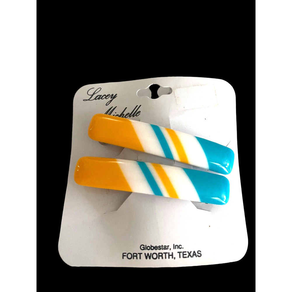 Vintage 80s Hair Clips Barrettes NEW Lacey Michelle Yellow Teal Stripe White 2